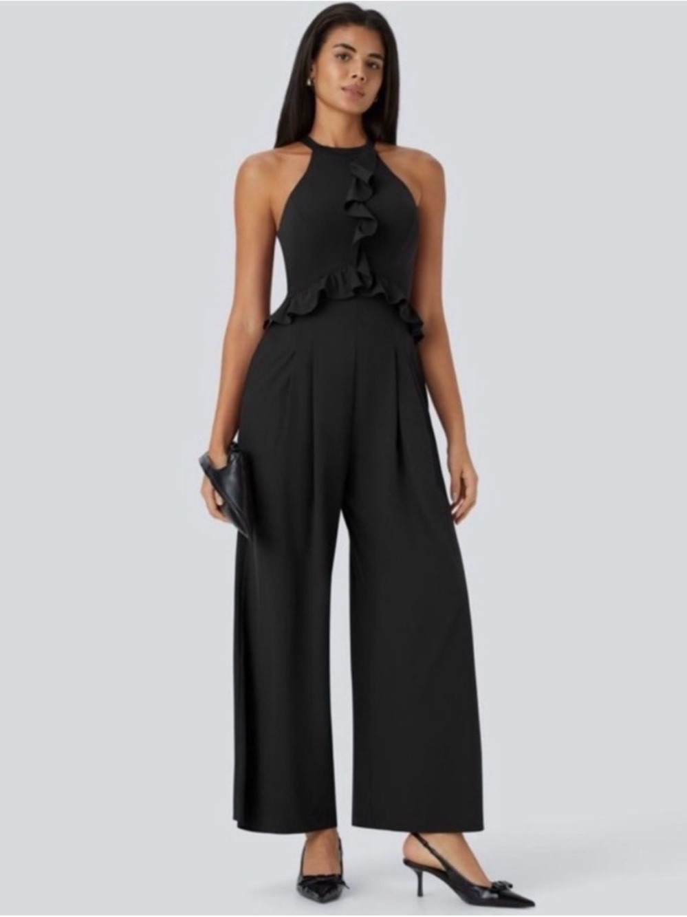 HALARA- Women’s Black Ruffle Halter Jumpsuit